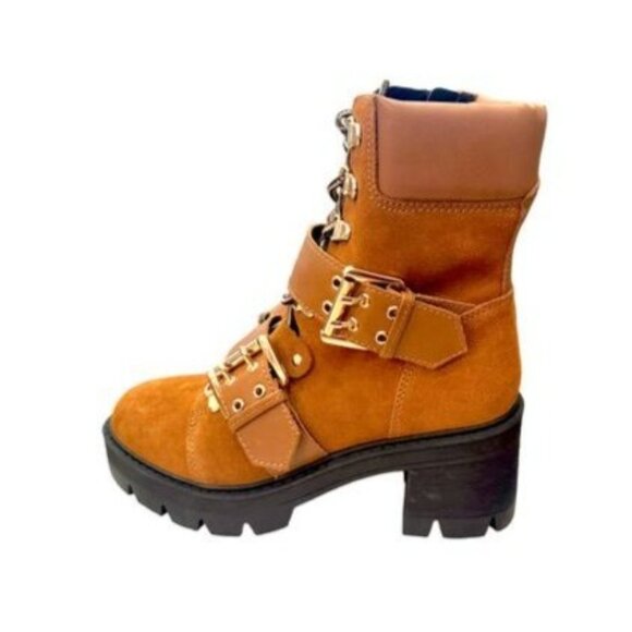 Aqua Genie Cognac Leather Upper Boots 5M Lace-Up, Buckle, Chunky Heel NWOB - Picture 3 of 6